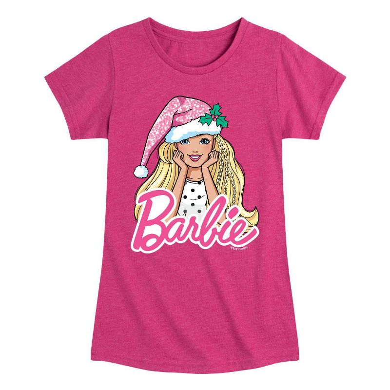 Girls' Barbie Santa Hat Short Sleeve Graphic T-Shirt - Fuchsia, 1 of 2