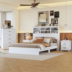 VYNXARIA White Vintage Queen Size 4-Piece Bedroom Set with Wooden Bed Frame, Nightstands, and Dresser - 1 of 4