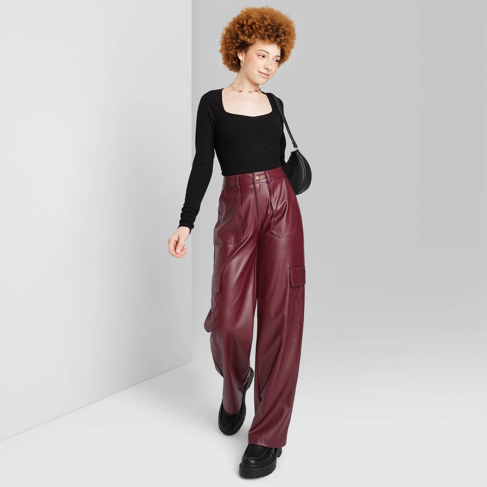 Women's High-Rise Straight Leg Faux Leather Cargo Pants - Wild Fable™ Burgundy XXL