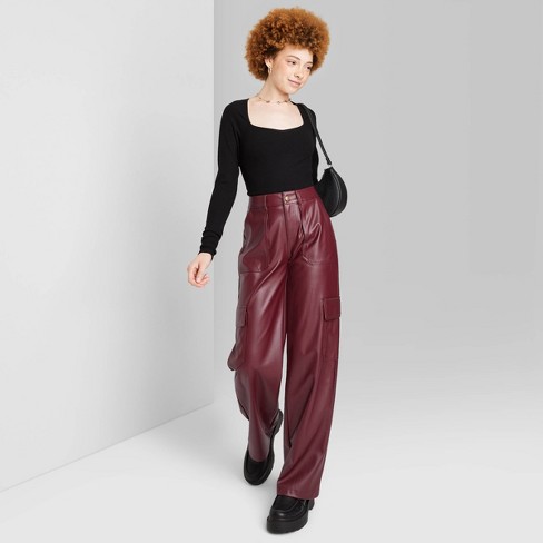 Women's High-Rise Straight Leg Faux Leather Cargo Pants - Wild Fable™  Burgundy XS