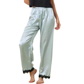 cheibear Women's Satin Elastic Wide-leg Lace Trim Loungewear Long Sleep Pants
