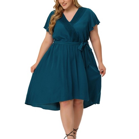 Agnes Orinda Women's Plus Size Short Sleeve Lace Insert High Low Belt  A-Line Boho Midi Dress Peacock Blue 2X