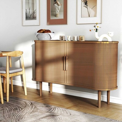Angel Sar 55" Modern Buffet Cabinet with Curved Design, Storage Sideboard with Sliding Doors & Adjustable Shelves for Living Room, Walnut