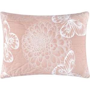 Greenland Home Fashions Mariposa Reversible Matelasse Pillow Sham with Blossom and Butterfly Design, Pink - 1 of 4