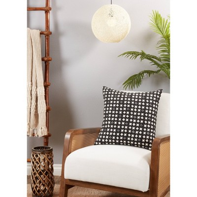 Black Embroidered Cotton Square Throw Pillow Cover