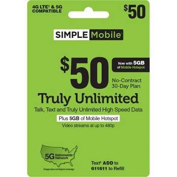 Simple Mobile $50 Unlimited Talk Text Data Prepaid Card (Email Delivery)