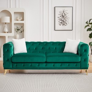 GDFStudio Branik 82.5" Mid-Century Modern Wooden Velvet Upholstered Sofa with Chesterfield Tufted Buttons, 2 Pillows and Metal Legs - 1 of 4