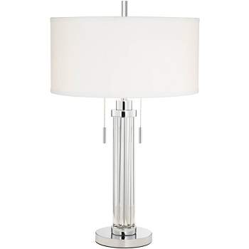 Possini Euro Design Modern Table Lamp 30" Tall with USB Dimmer Linear Clear Glass Rod White Linen Drum Shade for Bedroom Living Room House Bedside