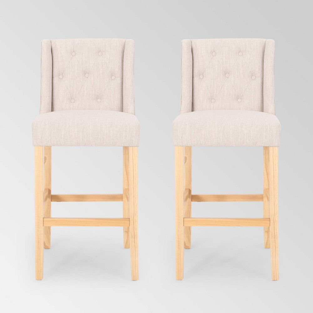 Set of 2 Lansglen Button Tufted Wingback Barstools Beige - Christopher Knight Home: Upholstered, Rubberwood Frame, 31" Height