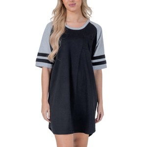 YafeMarte Women’s Short Sleeve Long Two Tone Nightshirt with Striped Sleeves and Pocket - 1 of 4