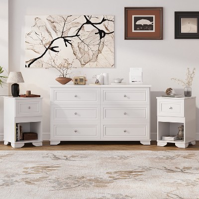 3-Piece Bedroom Set with 6-Drawer Dresser and 2 Nightstands, Elegant Retro Design with Metal Handles, White/Gray - ModernLuxe