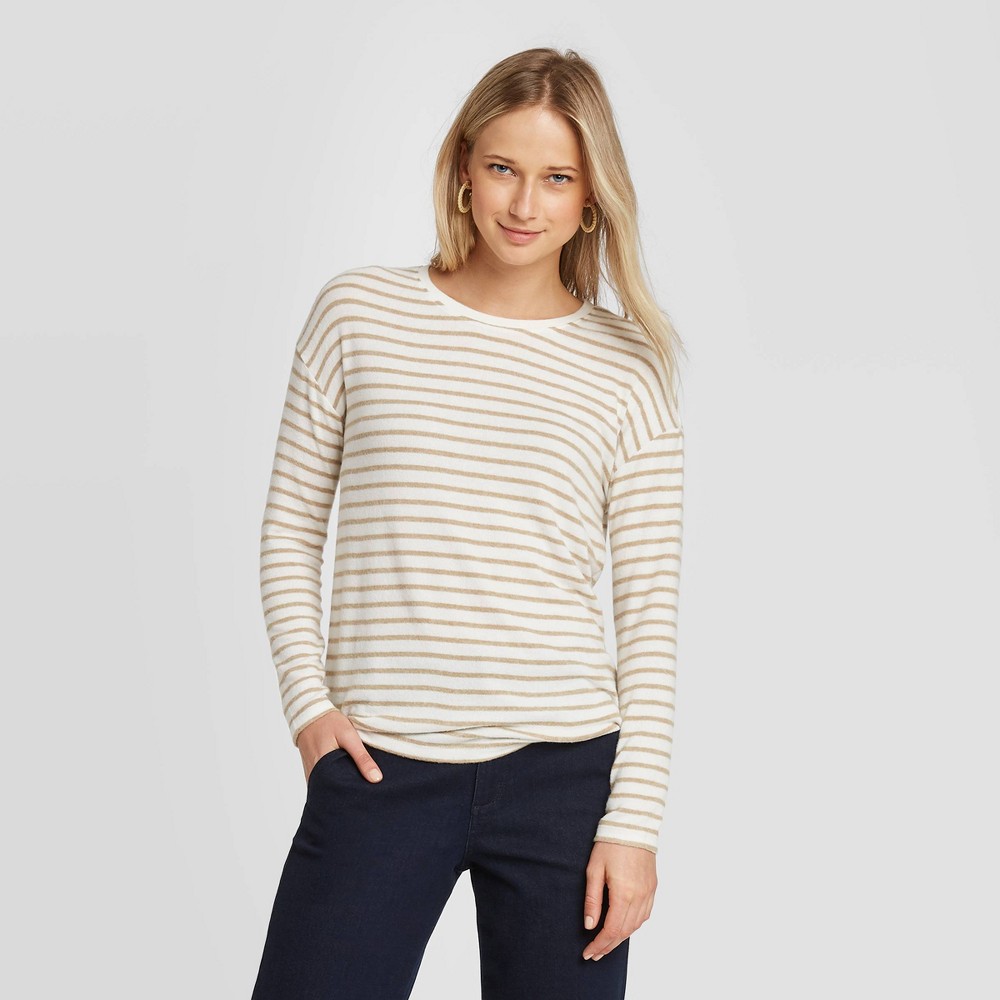 Women's Striped Long Sleeve T-Shirt - A New Day Brown S was $15.0 now $10.5 (30.0% off)