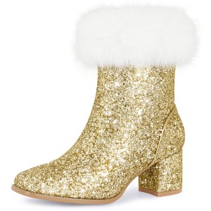 BLISSFUL STEP Women's Faux Fur Glitter Square Toe Chunky Heel Ankle Boots - 1 of 4