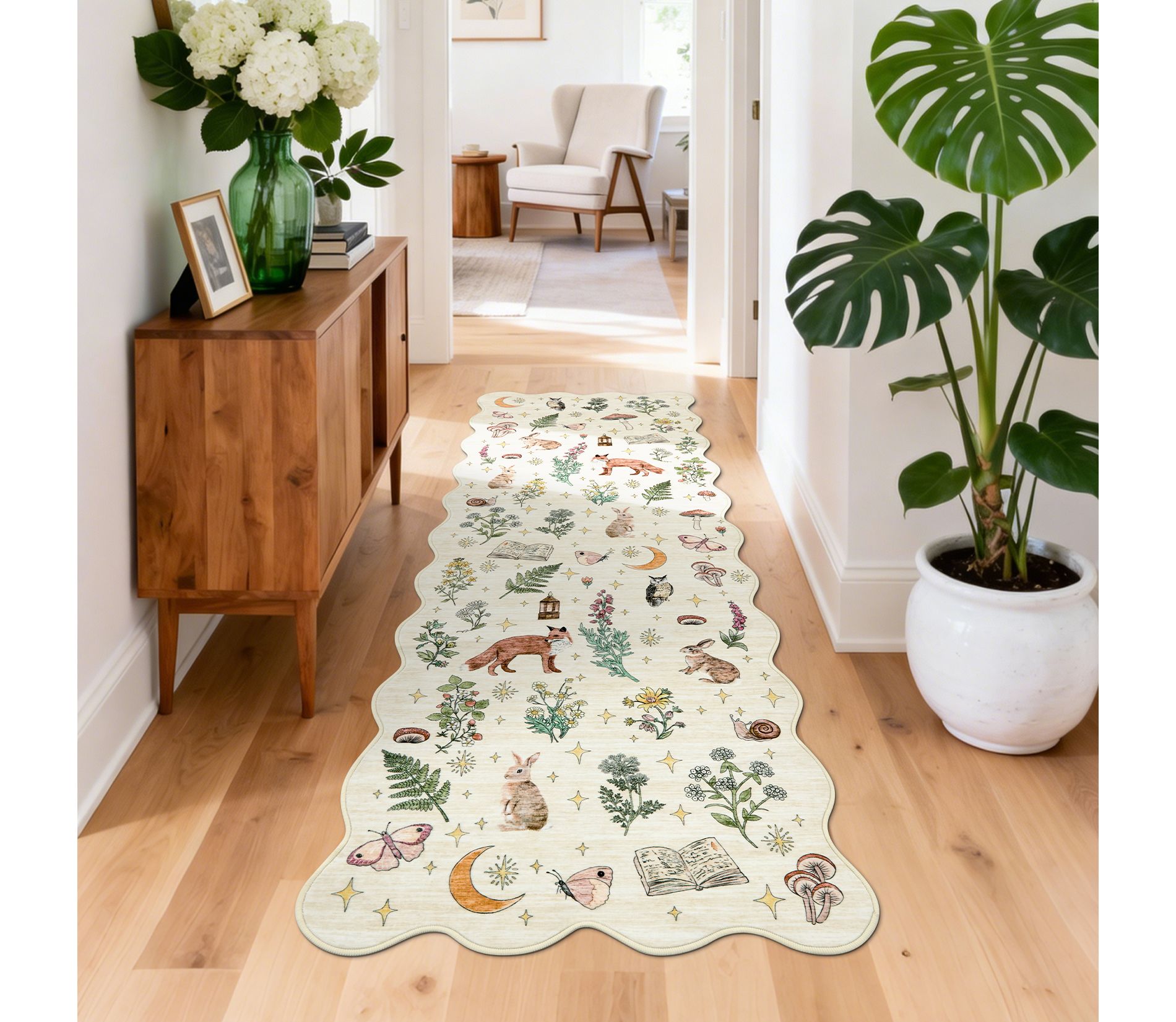 Scalloped Woodland Animal Print Washable Area Rug with Non-Slip Rubber Backing for Playroom Nursery Kids Room
