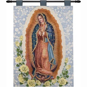 Manual Woodworkers and Weavers Our Lady of Guadalupe Wall Hanging with Finial Rod, 26x36 Inches, Woven Cotton Catholic Tapestry Decor - 1 of 3