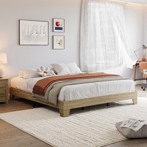Wood Platform Bed Frame - No Box Spring Needed, 10.24" Storage Clearance, Wooden Slats, Pine/Sandalwood/Walnut Finish, Easy Assembly - 1 of 4