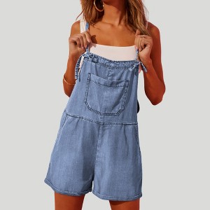 Amaryllis Women’s Chambray Denim Short Overalls Relaxed Fit Adjustable Tie Straps Pockets Casual Lightweight Romper - 1 of 4