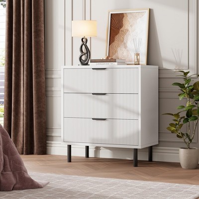Fluted 3 Drawers Dresser, Modern Chest of Drawers with Metal Legs