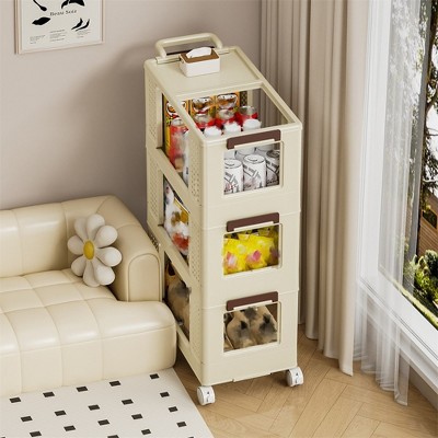 Image of 3-Tier Storage Cart, Multifunction Kitchen Rolling Storage Organizer With Lockable Wheels, Collapsible Mobile Shelving Cart For Living Room