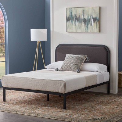 Charcoal King Metal Platform Bed with Rounded Upholstered Headboard