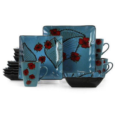 16pc Stoneware Tropical Bloom Square Dinnerware Set Red/Blue - Elama