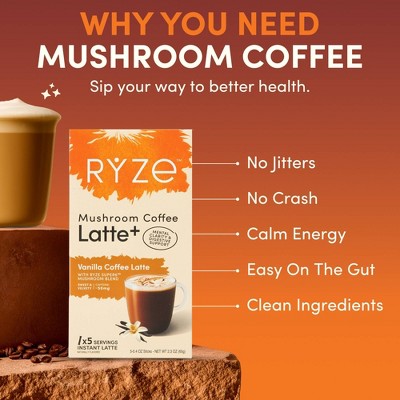 RYZE Vanilla Mushroom Coffee Latte sticks - 2.3oz/5ct