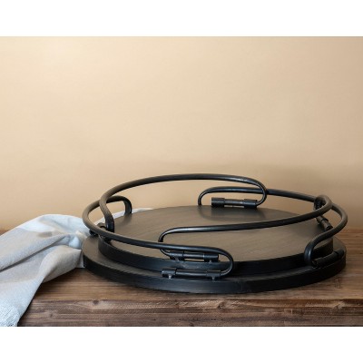 Small Round Dark Metal and Wood Tray with Handles