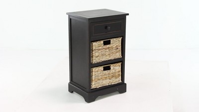 Black Pinewood Accent Table with Wicker Basket Drawers