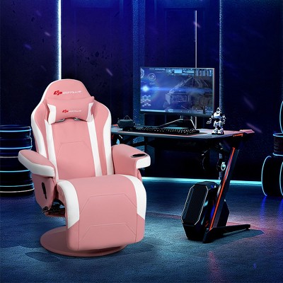 Pink and White PU Leather Reclining Gaming Chair with Footrest