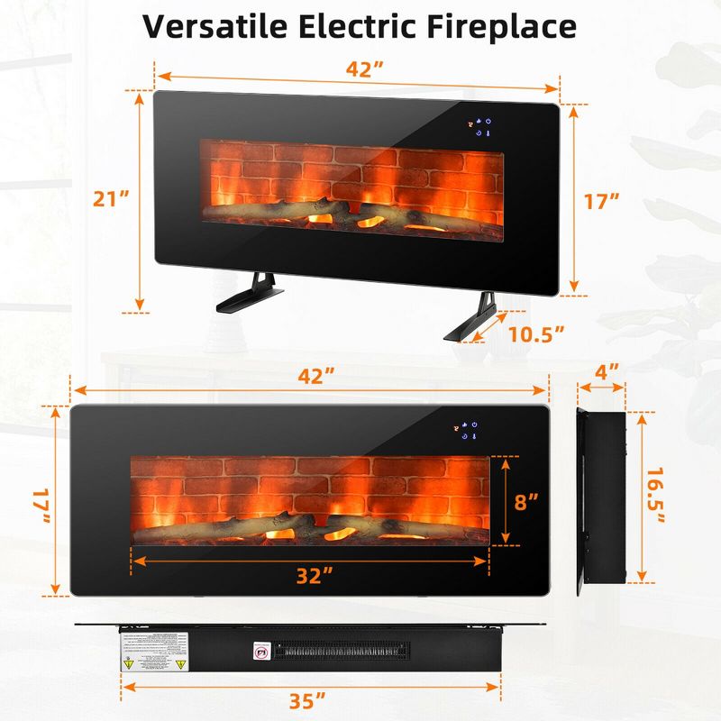 Costway 42'' Electric Fireplace Wall Mounted & Freestanding Heater Remote Control 1500W, 3 of 11