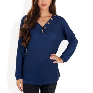 Anna-Kaci Women's Waffle Knit Button-Accent Long Sleeve Top with V-Neck - 1 of 4