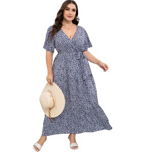 Plus Size Short Sleeves Wrap Maxi Dress V Neck High Waist Ruffle Casual Summer Belt Dress - 1 of 4