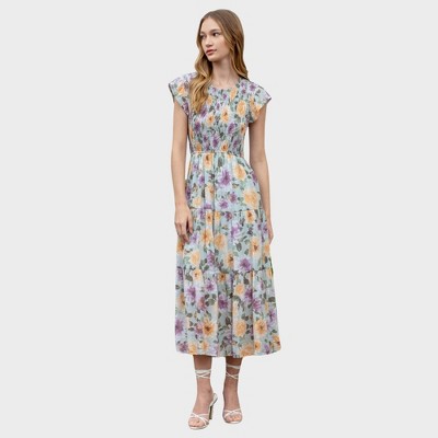 August Sky Women's Floral Smocked Ruffle Sleeve Tiered Midi Dress