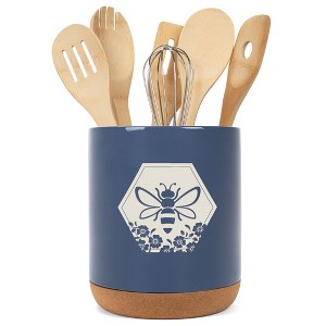 Elanze Designs Bee Honeycomb Flowers Arrangement Ceramic Cork Bottom Navy Blue Large Capacity Utensil Holder Crock for Countertop Storage, Stylish & - 1 of 4