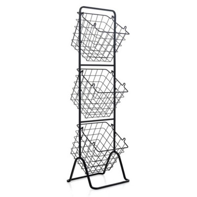 FURNIinspire Kitchen Racks 3 Tier Fruit Basket Stand, Steel Food Storage Rack Removable Wire Bowls with Non-Slip Pads, Black, 11"*12"*42.5"