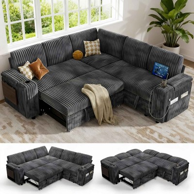 Vipbear 85" Modular Sectional Sleeper Sofa with Pull Out Bed, 5 Seat L Shaped Couch with Reclining Backrest，Tool Free Assembly