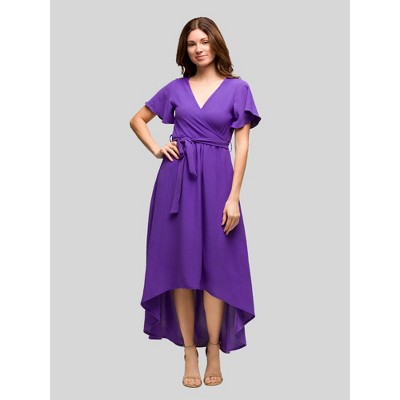 24seven Comfort Apparel Womens V Neck Belted Faux Wrap High Low Dress