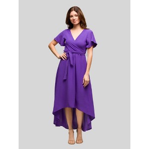 24seven Comfort Apparel Womens V Neck Belted Faux Wrap High Low Dress - 1 of 4