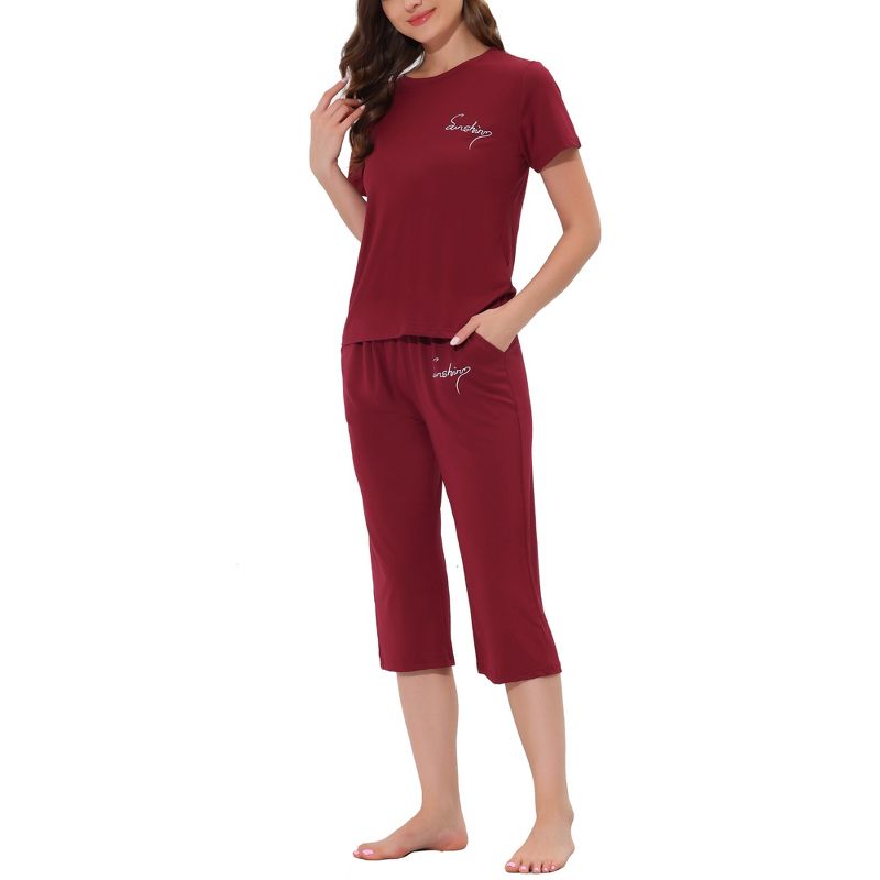 cheibear Women's Round Neck Sleepwear with Capri Pants Pajama Set, 2 of 6