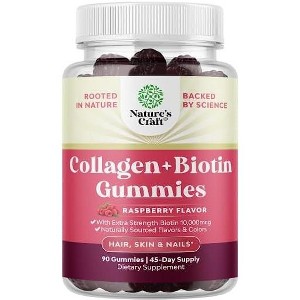 Collagen + Biotin Gummies, Extra Strength Biotin Collagen Supplement for Hair, Skin, & Nails for Women, Raspberry Flavor, Nature's Craft, 90ct - 1 of 4