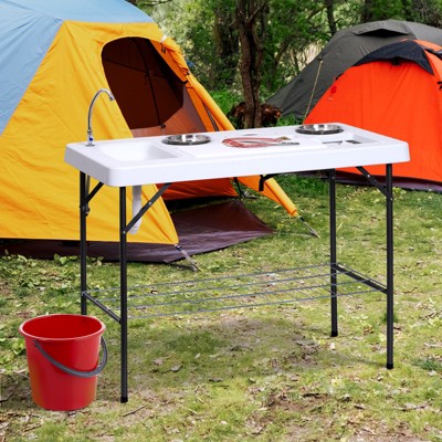 Outsunny Portable Folding Camping Table With Sink, Faucet, Dual