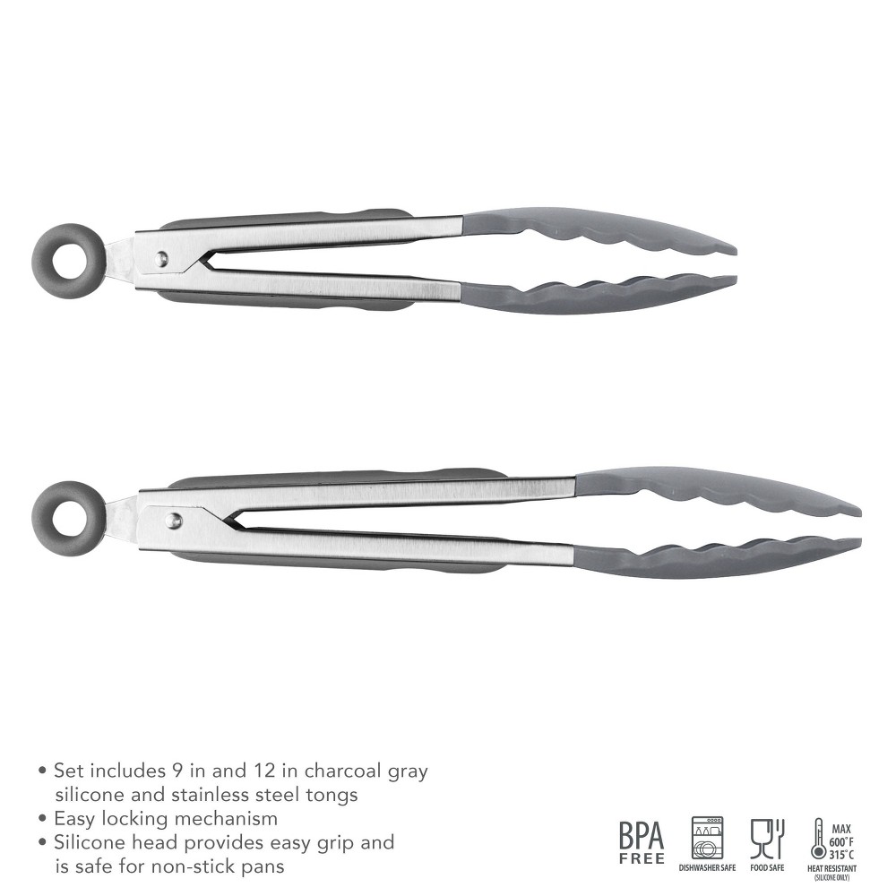 Tovolo 9" and 12" Elements Silicone Tongs Charcoal: Stainless Steel, Dishwasher-Safe, 13.5" Length, Gray