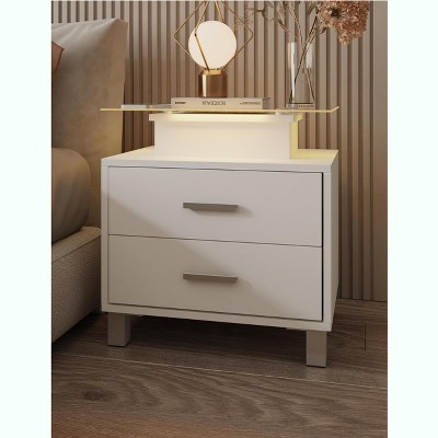 Modern White Nightstand with 2 Drawers, Glass Desktop, Charging Station and LED Lights - Ideal Bedside Table for Bedroom