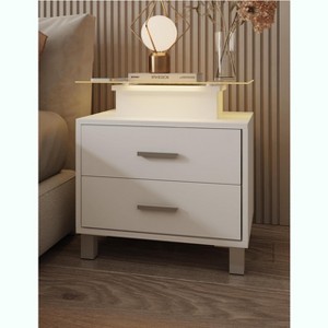 Modern White Nightstand with 2 Drawers, Glass Desktop, Charging Station and LED Lights - Ideal Bedside Table for Bedroom - 1 of 4
