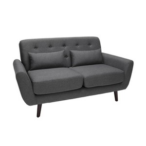 Tufted Fabric Mid-Century Modern Loveseat Sofa with Lumbar Support Pillows & Walnut Legs Dark Gray - OFM