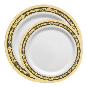 Smarty Had A Party White w/ Black and Gold Royal Rim Plastic Dinnerware Set - 40 Sets - 1 of 4
