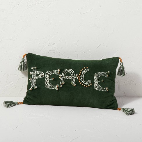 Peace Beaded and Embroidered Velvet Lumbar Throw Pillow Green - Opalhouse™ designed with Jungalow™ - image 1 of 4