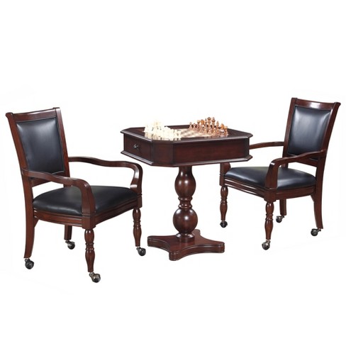 Hathaway Fortress Chess Checkers Backgammon Pedestal Game Table Chairs Set Mahogany