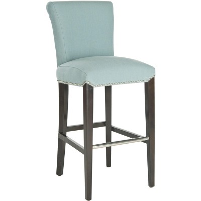Transitional Sky Blue Leather & Wood Bar Stool with Metal Accents