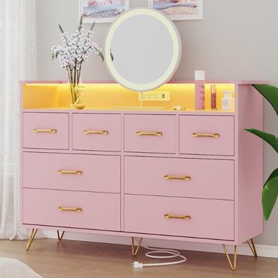 Dresser for Bedroom with LED Light & Power Outet, 8 Drawers Wooden Dressers with Open Space, Modern Chest of Wide Drawers